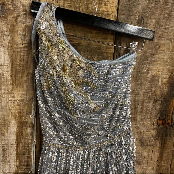 Mac Duggal 5220 Silver Sequin one shoulder gray embellished Gown wedding prom 4 - Picture 9 of 14